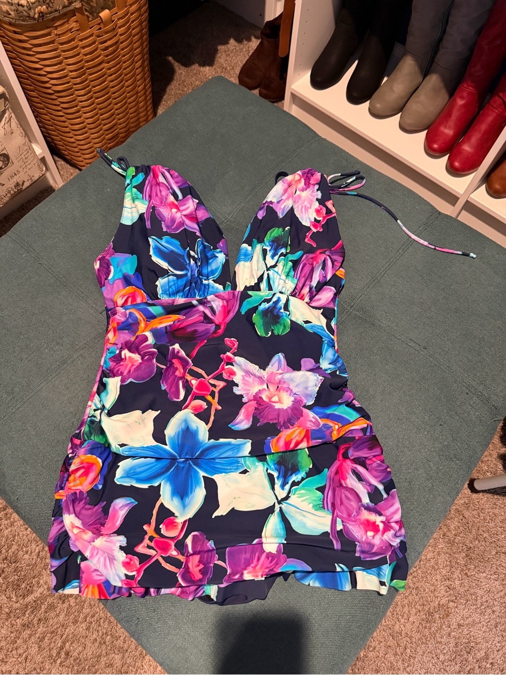 Floral V-Neck One-Piece Swimdress - Navy Multi